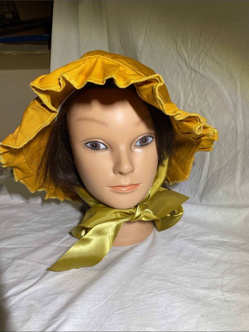 Satin-Ruffle Hair Bonnet with Tie in Yellow